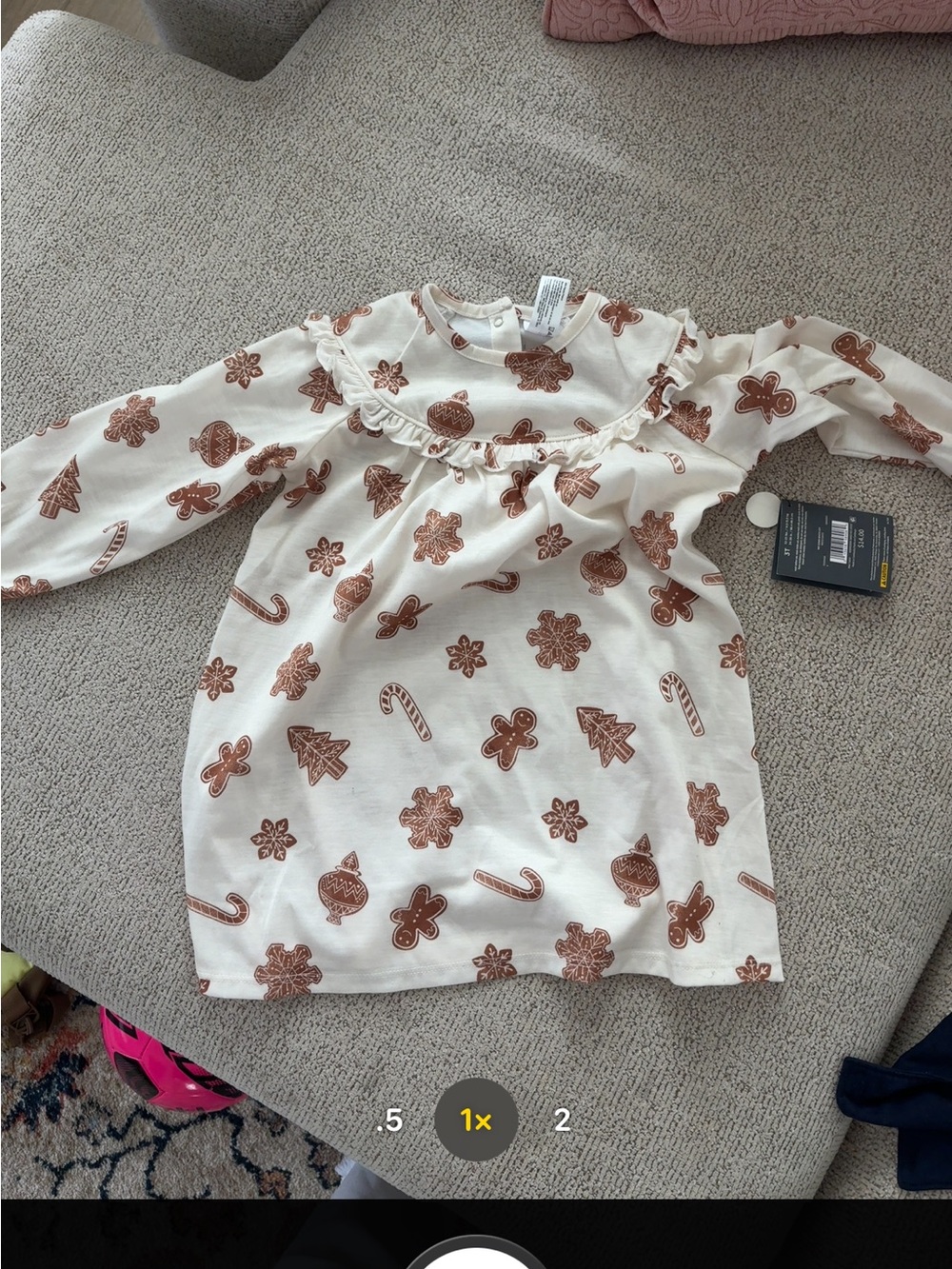 Girls' Cream Holiday Print Ruffle Dress